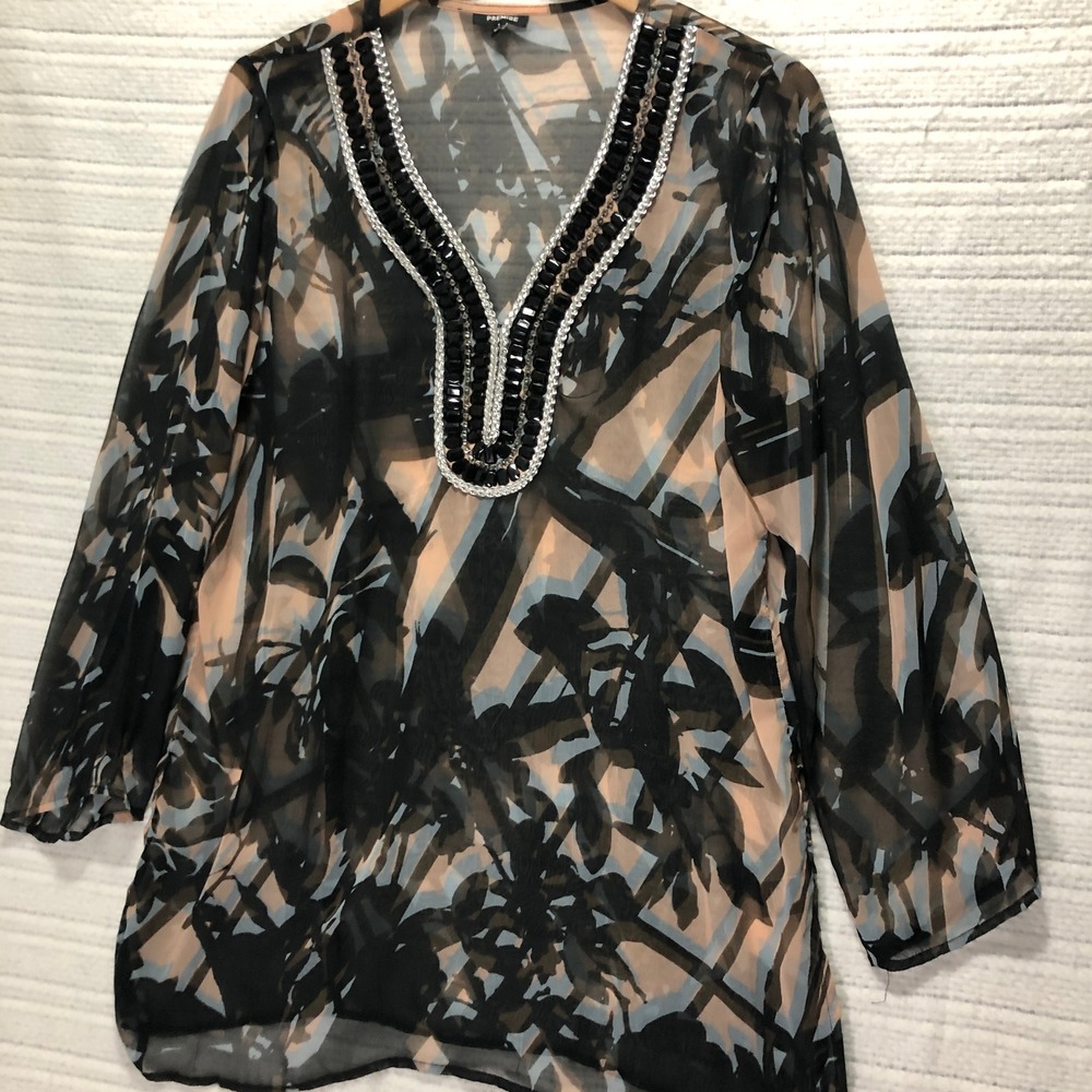 Premise Beaded V-Neck Tunic Top Sheer Blouse Lightweight Black L